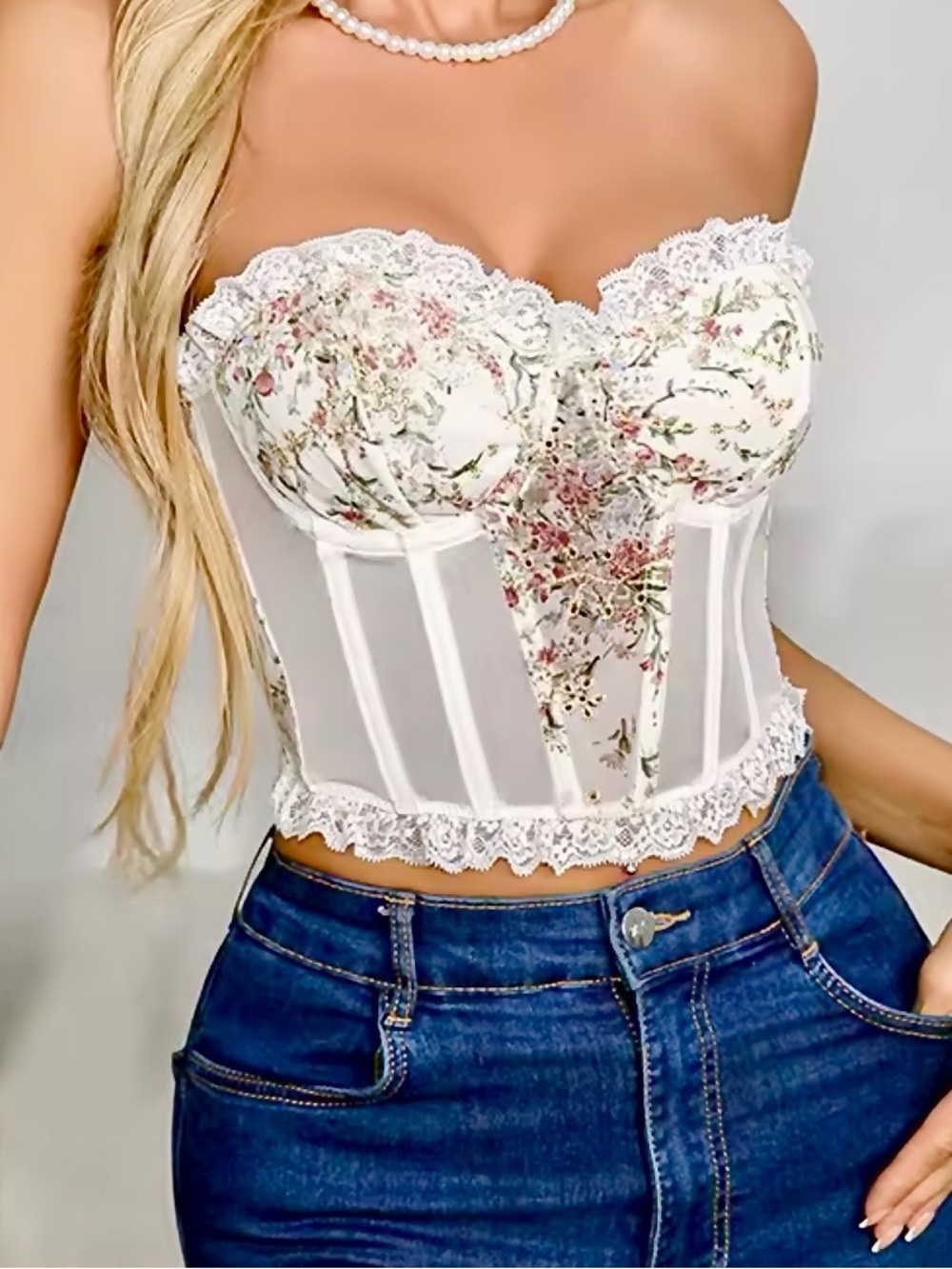 Floral Embroidered Corset | Coquette Lace Bustier Top | Size Large Boutique Fit! - Picture 6 of 8